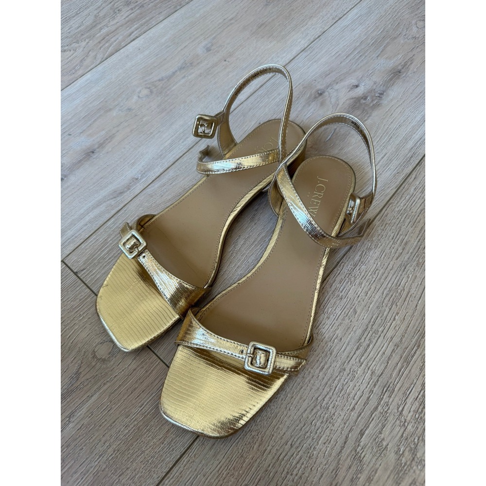 J.Crew Gold Metallic Lizard-Embossed Block Heel Ankle Strap Sandals Women's